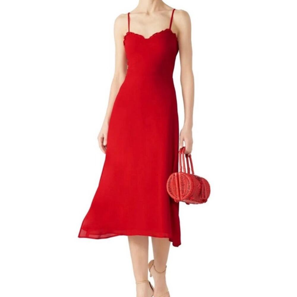 Reformation Cassandra Cherry Red‎ Midi Ruffle Dress Size 8 - Picture 3 of 13